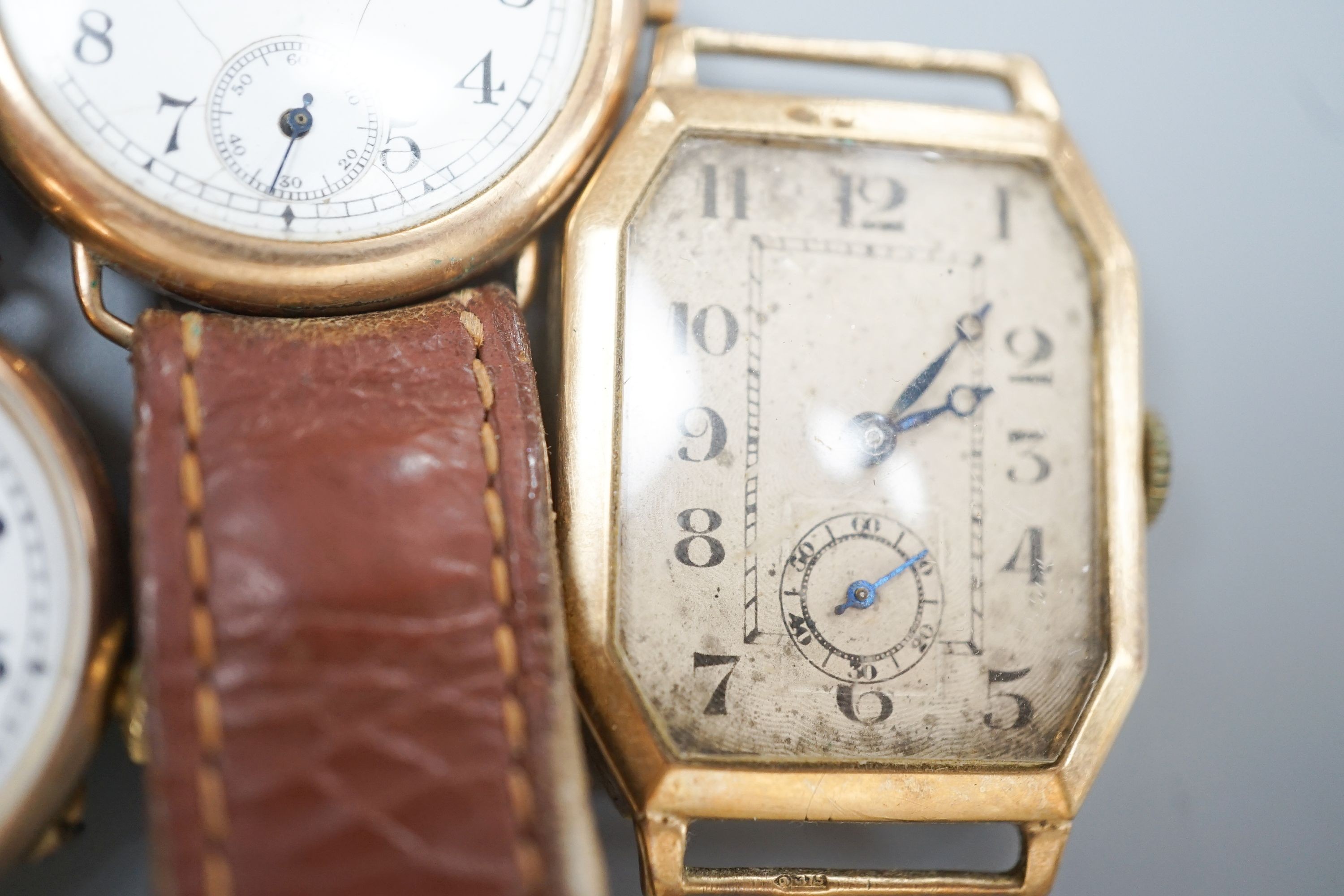 Four assorted early 20th century 9ct gold manual wind wrist watches, all a.f.